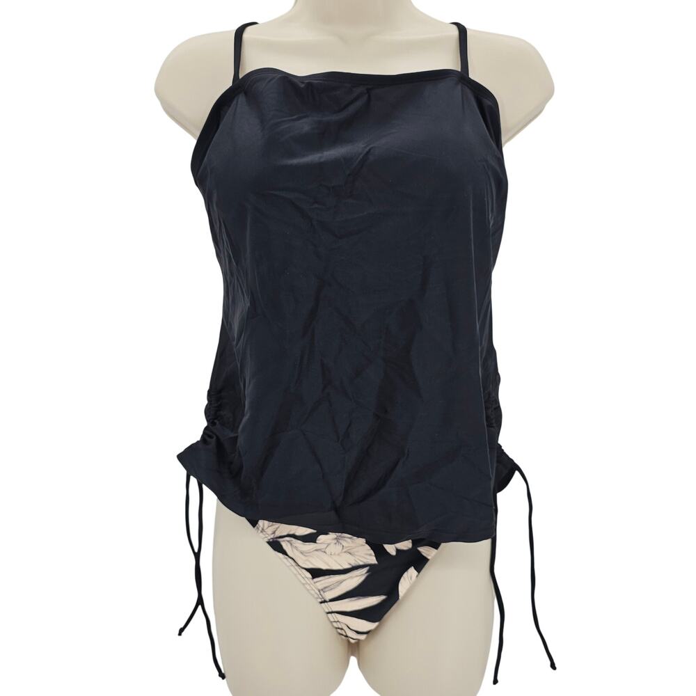 Cupshe Womans size XL Blooms Ruched Tankini Top Floral Bikini Bottoms Black NEW